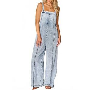 NEW BEAU & RO frayed exposed seam wide leg denim overall in light wash blue